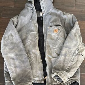 Vintage Well Worn Carhartt Gray Work Jacket with Leather Logo Patch
